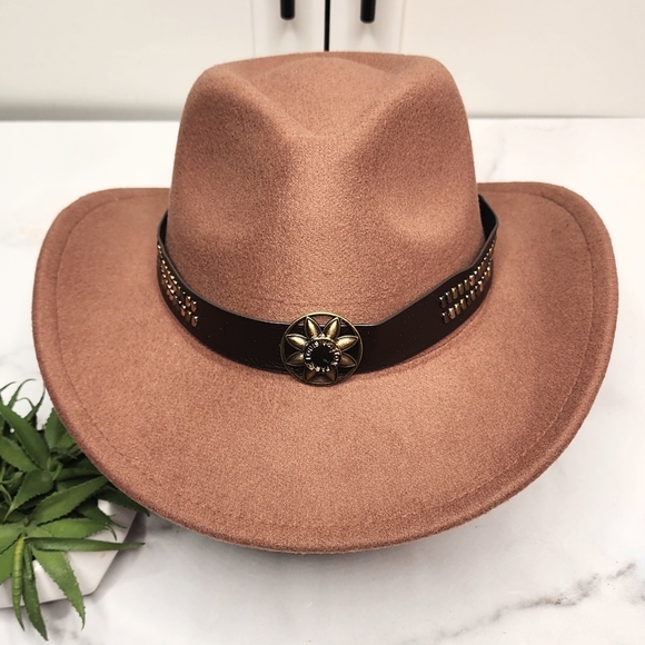 Tan Premium Felt Fedora Hat w/Removable Hat Band Adorned w/LV Embossed Button - Picture 5 of 9
